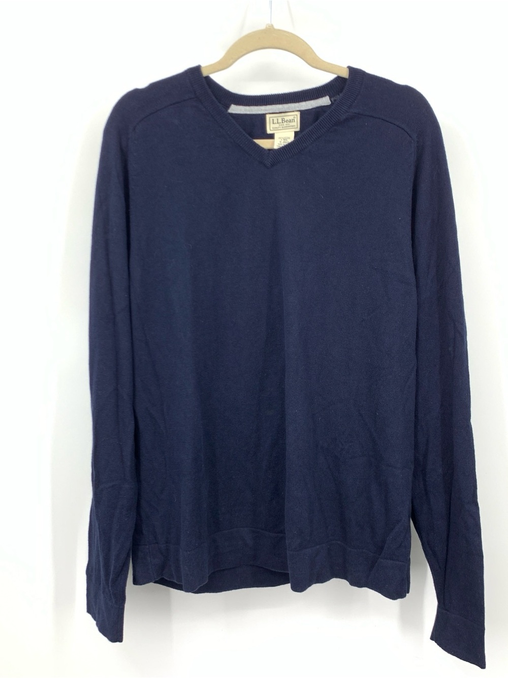LL Bean Men Size Large Sweater Blue V Neck Pullover Top Cotton Cashmere Knit